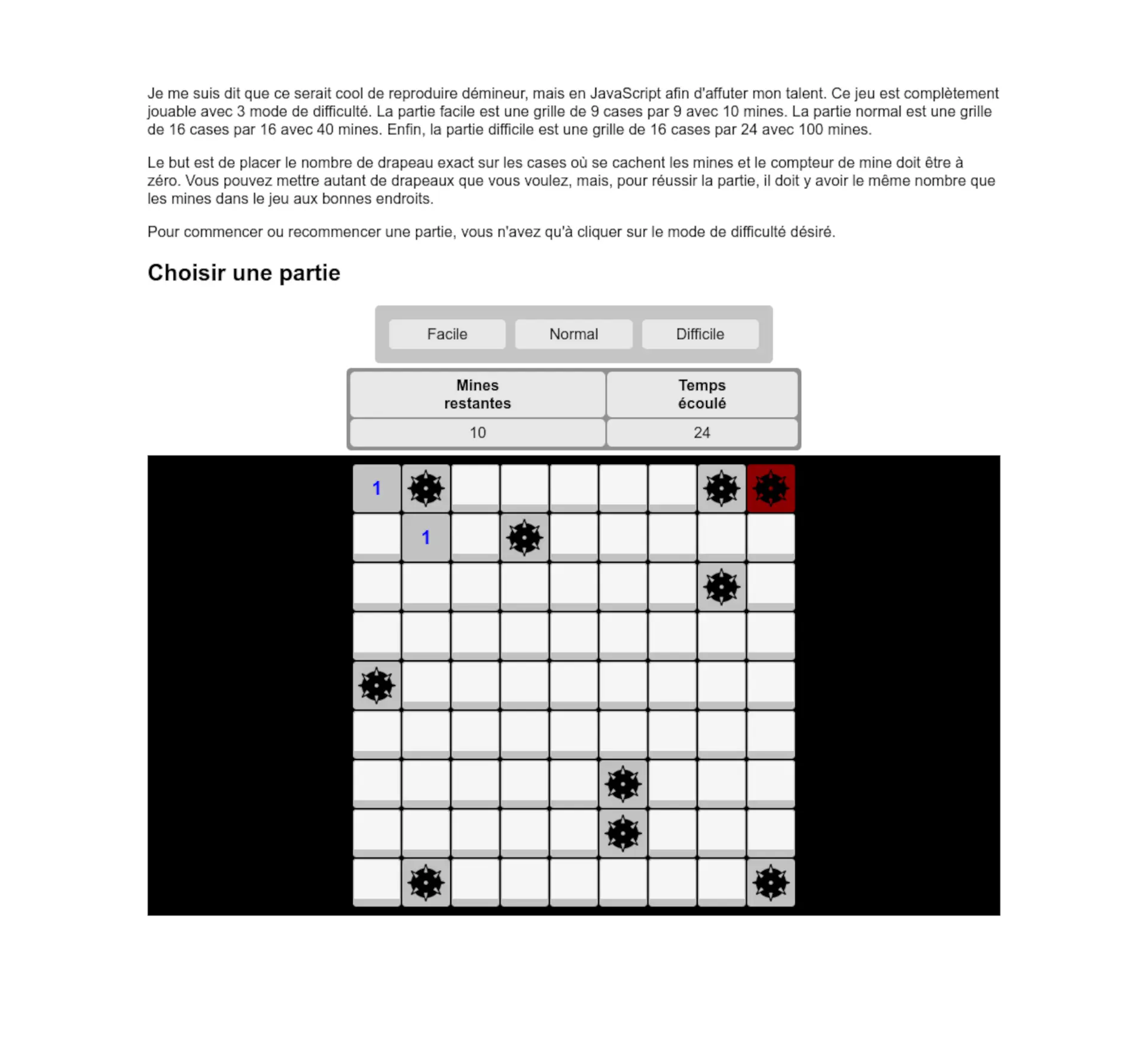 Interface démineur : partie terminée